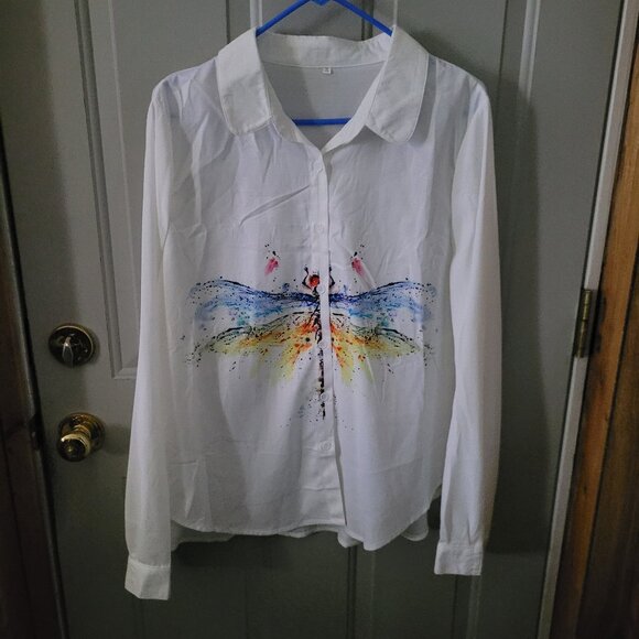 NWOT Lovely White Button Up Shirt with Large Pastel Butterfly Plus Size 3X - Picture 3 of 5